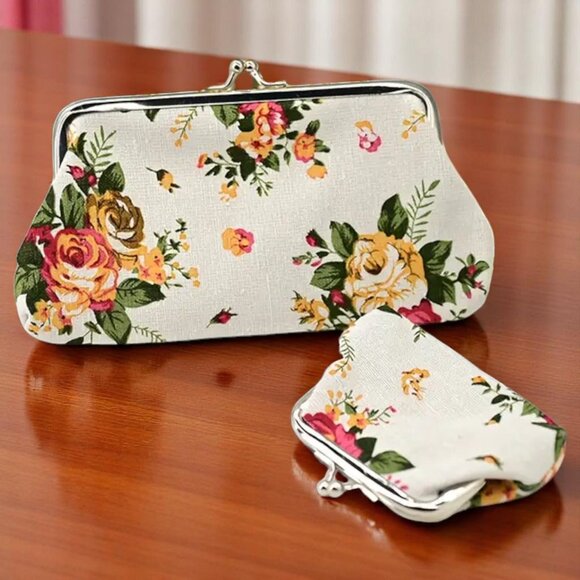 Vintage Floral Rose Coin Purse Set – Elegant 2-Piece Canvas Kiss Lock Clutch Duo - Picture 6 of 6